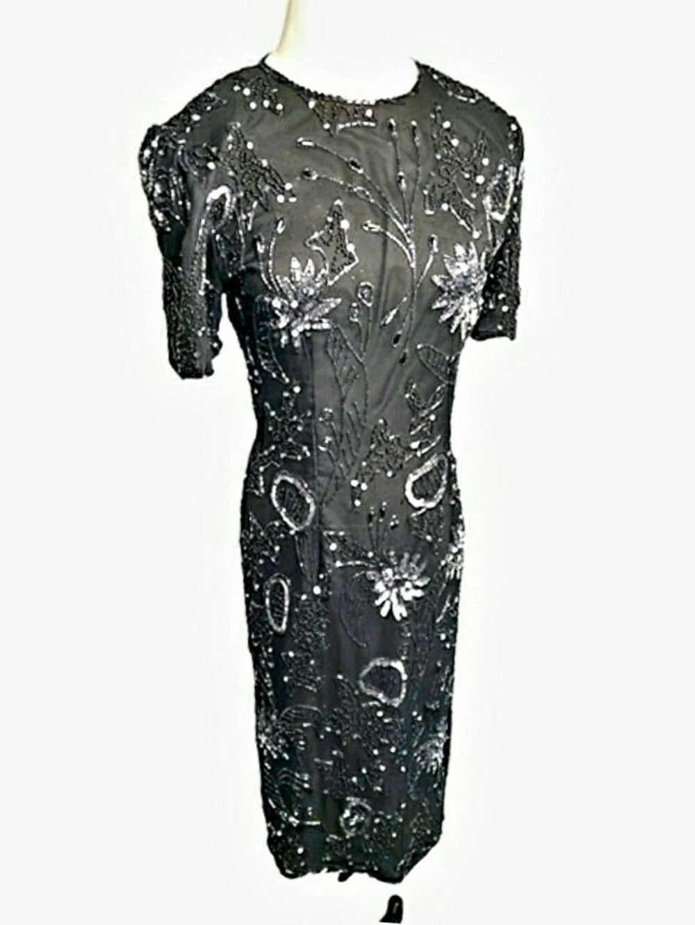 Vintage Silk Chiffon Sequin Beaded Sheath Dress Short Sleeves Evening Events 4